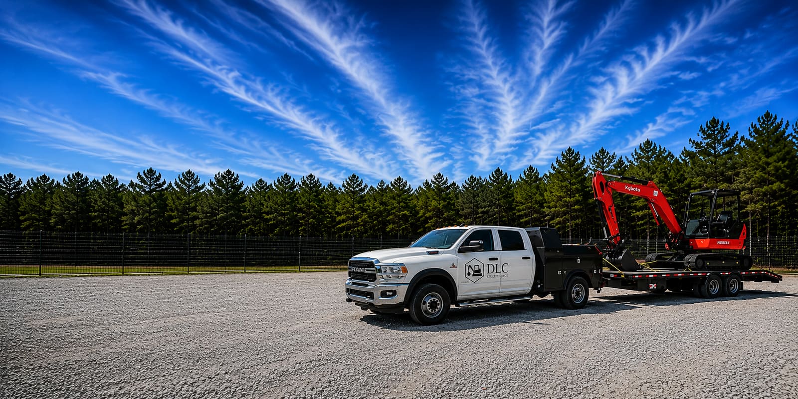 DLC Utility Group service truck hauling a mini excavator and a reel of underground cable on a gooseneck trailer